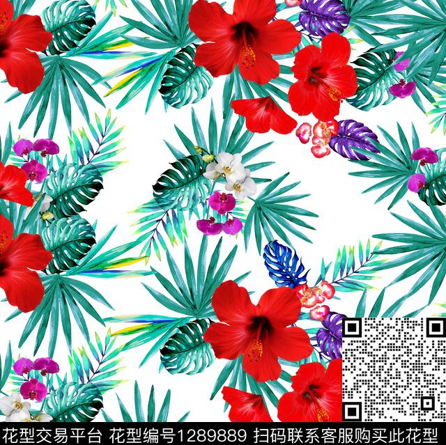 guan263.jpg - 1289889 - 花卉 红花 龟背叶 - 数码印花花型 － 女装花型设计 － 瓦栏
