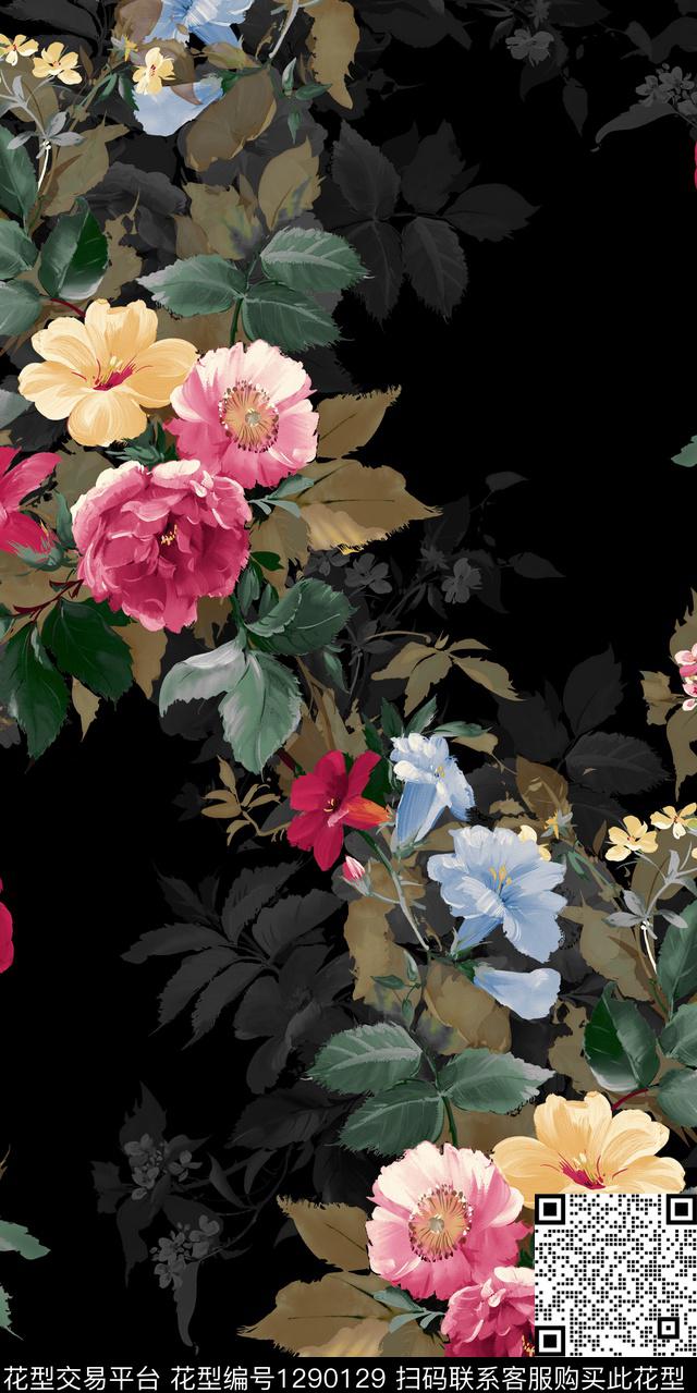花卉 (3).jpg - 1290129 - 大花 手绘花卉 黑底花卉 - 数码印花花型 － 女装花型设计 － 瓦栏