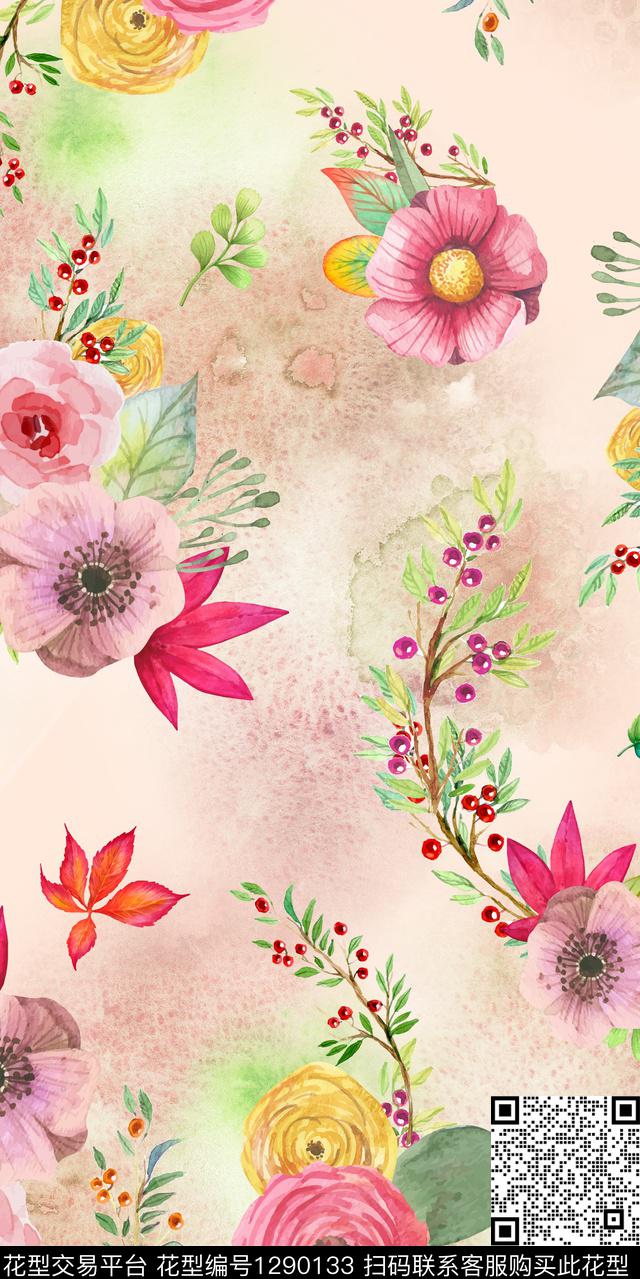 花卉 (7).jpg - 1290133 - 大花 底纹 手绘花卉 - 数码印花花型 － 女装花型设计 － 瓦栏
