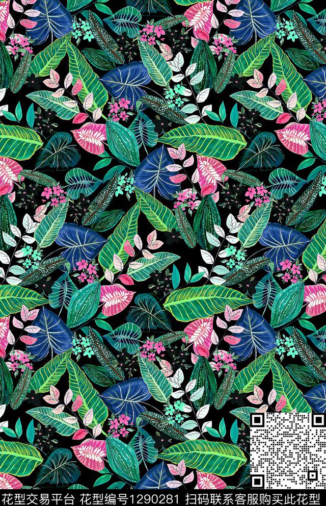 guan254.jpg - 1290281 - 黑底花卉 绿植树叶 手绘 - 数码印花花型 － 女装花型设计 － 瓦栏