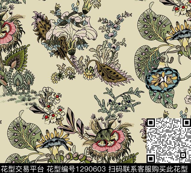 复古花卉米色底数码印花花型下载（图片编号: 1290603） - 瓦栏（Walan）