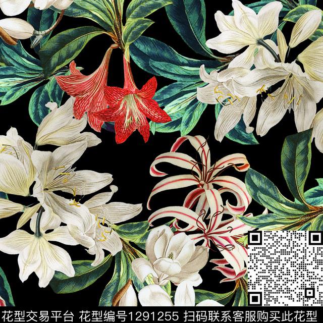 复古花卉黑底花卉数码印花花型下载（图片编号: 1291255） - 瓦栏（Walan）