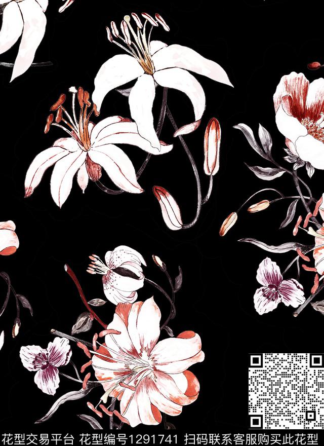 花卉春夏花型大花数码印花花型下载（图片编号: 1291741） - 瓦栏（Walan）
