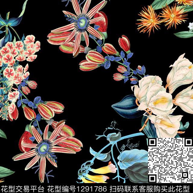 复古花卉黑底花卉数码印花花型下载（图片编号: 1291786） - 瓦栏（Walan）