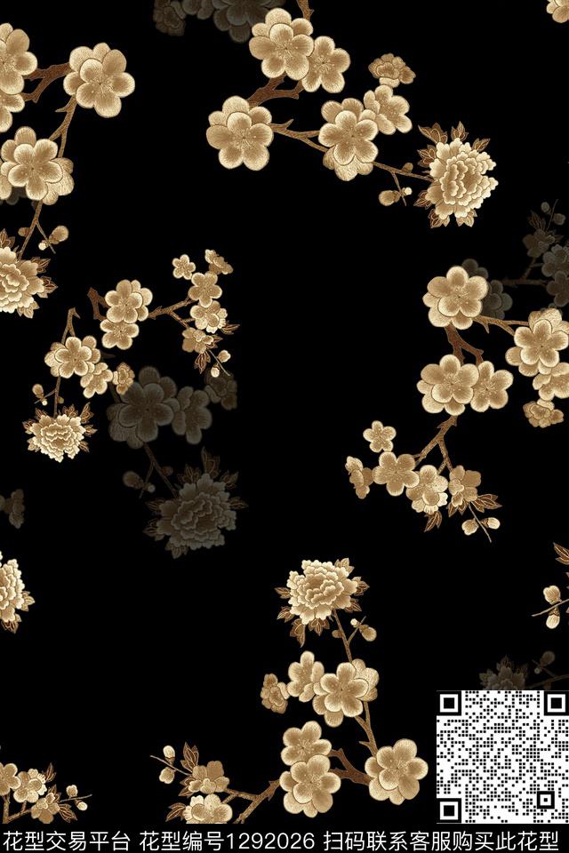 花卉大牌风绣花花型数码印花花型下载（图片编号: 1292026） - 瓦栏（Walan）