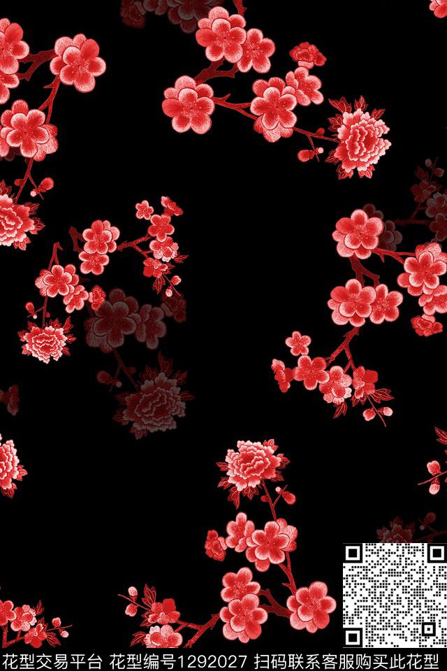 花卉大牌风绣花花型数码印花花型下载（图片编号: 1292027） - 瓦栏（Walan）