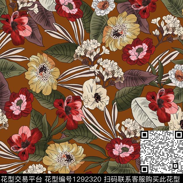 guan305.jpg - 1292320 - 花卉 手绘 驼色底 - 数码印花花型 － 女装花型设计 － 瓦栏