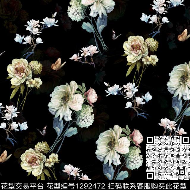 BBX-墨黑-002.jpg - 1292472 - 女装 花卉蝴蝶 香云纱 - 传统印花花型 － 女装花型设计 － 瓦栏