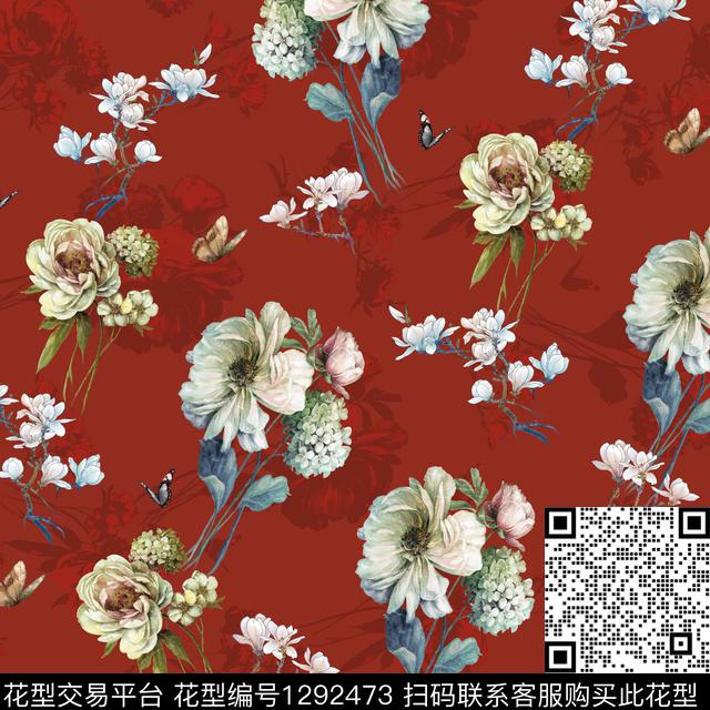 BBX-珊瑚红-003.jpg - 1292473 - 女装 花卉蝴蝶 香云纱 - 传统印花花型 － 女装花型设计 － 瓦栏