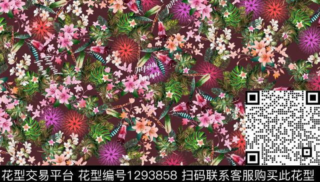 200215热带碎花回路紫色.jpg - 1293858 - 花卉 热带花型 欧美 - 数码印花花型 － 泳装花型设计 － 瓦栏