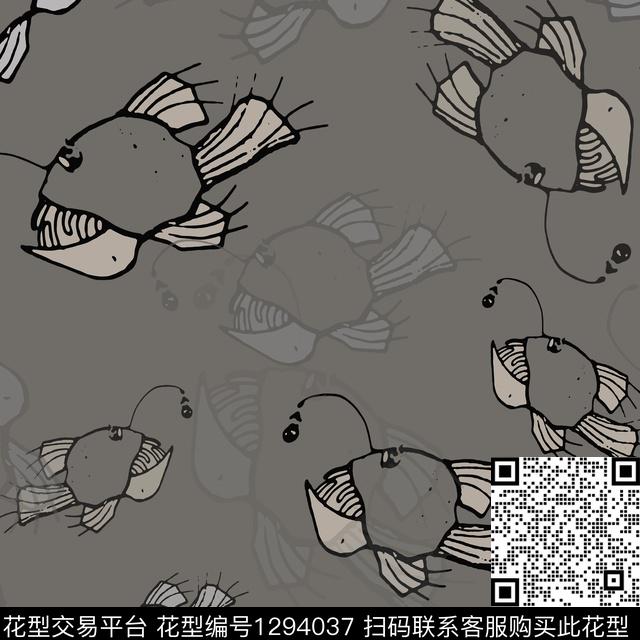 200115-yezzp-1-2.jpg - 1294037 - 手绘线条笔触 卡通婴童图案 鱼儿自在飘 - 传统印花花型 － 童装花型设计 － 瓦栏
