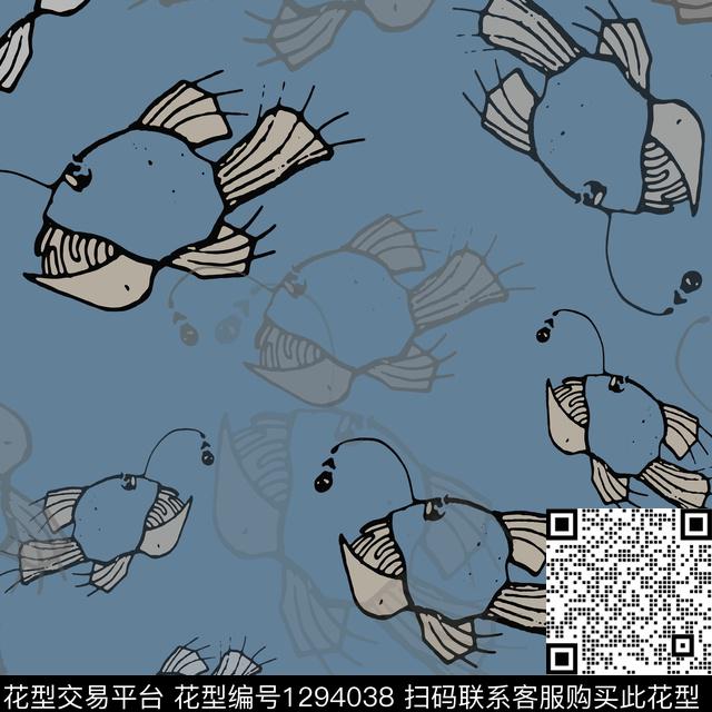 200115-yezzp-1-00.jpg - 1294038 - 手绘线条笔触 卡通婴童图案 鱼儿自在飘 - 传统印花花型 － 童装花型设计 － 瓦栏
