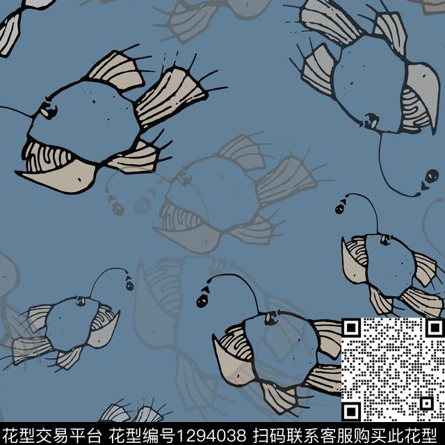 手绘线条笔触卡通婴童图案鱼儿自在飘传统印花花型下载（图片编号: 1294038） - 瓦栏（Walan）