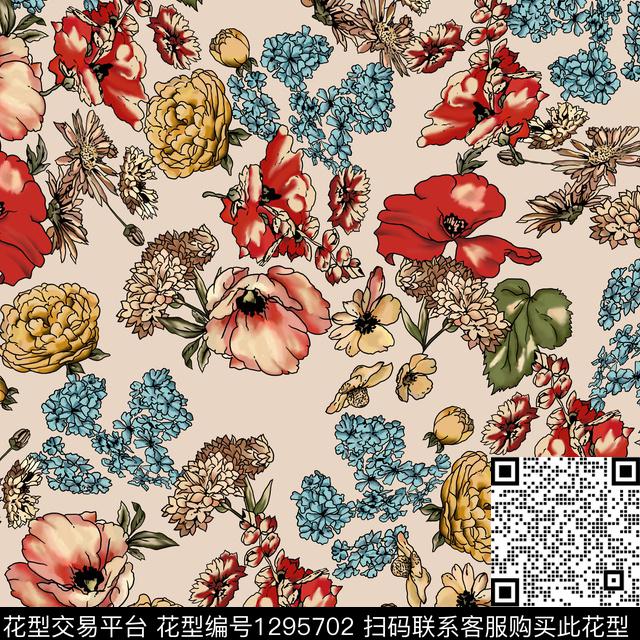 复古花卉米色底数码印花花型下载（图片编号: 1295702） - 瓦栏（Walan）