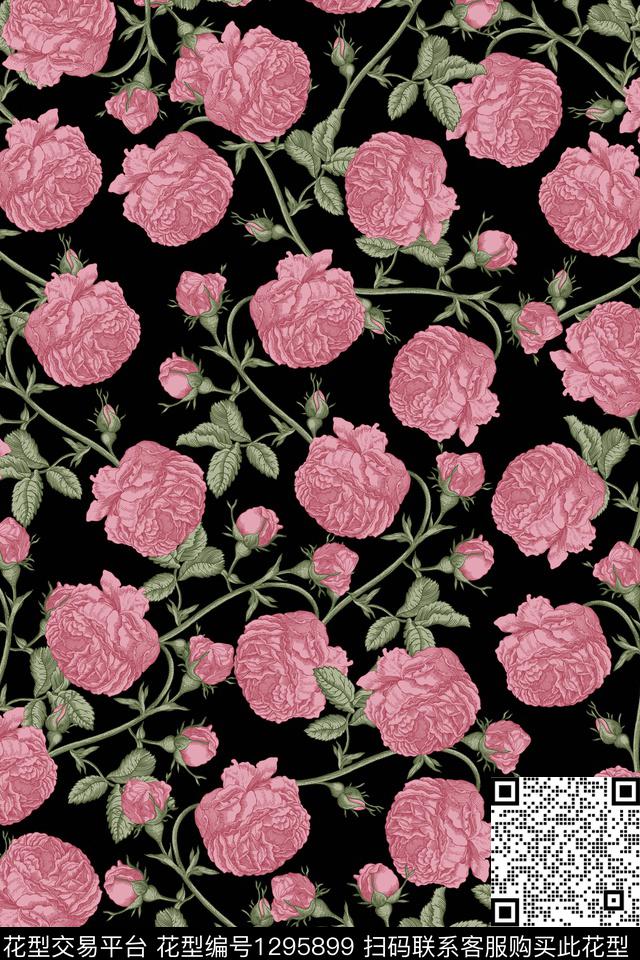 花卉057.jpg - 1295899 - 黑底花卉 花卉 花瓣 - 数码印花花型 － 女装花型设计 － 瓦栏