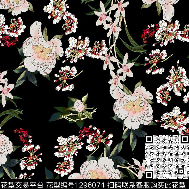 guan329.jpg - 1296074 - 花卉 手绘 黑底花卉 - 数码印花花型 － 女装花型设计 － 瓦栏