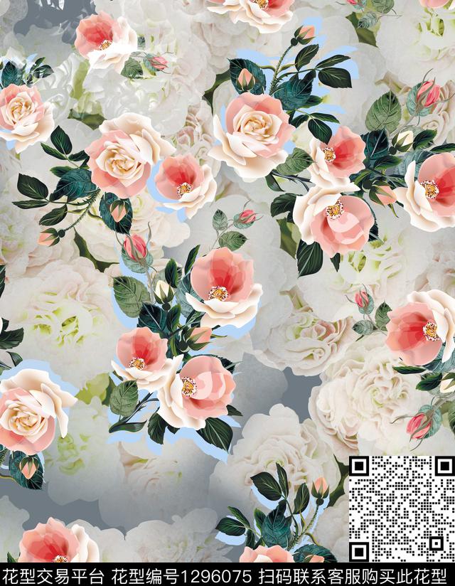 200221玫瑰灰色.jpg - 1296075 - 花卉 大牌风 欧美 - 数码印花花型 － 女装花型设计 － 瓦栏