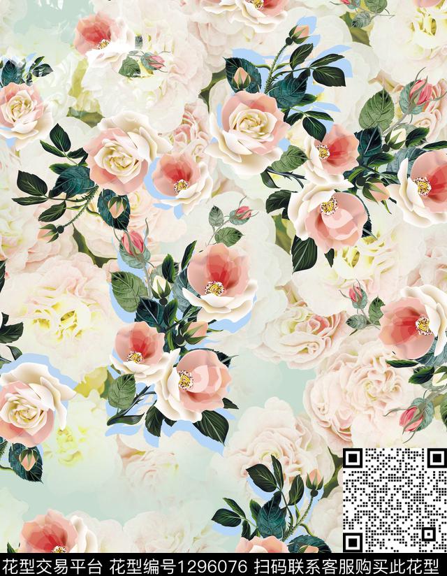 200221玫瑰绿色.jpg - 1296076 - 花卉 大牌风 欧美 - 数码印花花型 － 女装花型设计 － 瓦栏