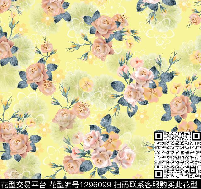 200221蔷薇回路黄色.jpg - 1296099 - 玫瑰花 花卉 大牌风 - 数码印花花型 － 女装花型设计 － 瓦栏