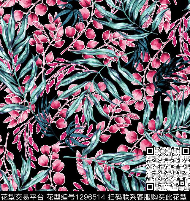 200223叶子回路黑色.jpg - 1296514 - 绿植树叶 植物 热带花型 - 数码印花花型 － 女装花型设计 － 瓦栏