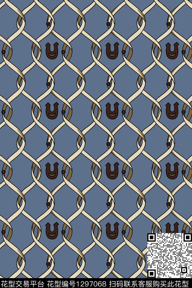 蓝色底色.jpg - 1297068 - 几何 撞色 链条 - 传统印花花型 － 女装花型设计 － 瓦栏