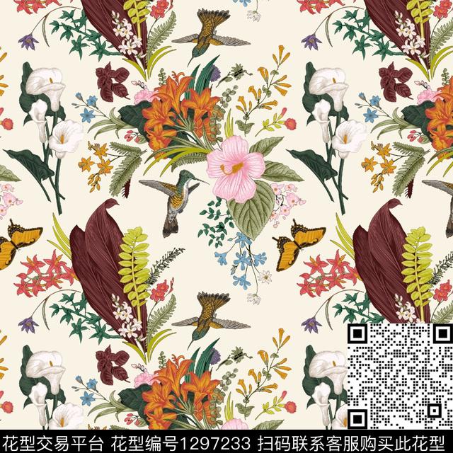 鸟复古花卉数码印花花型下载（图片编号: 1297233） - 瓦栏（Walan）