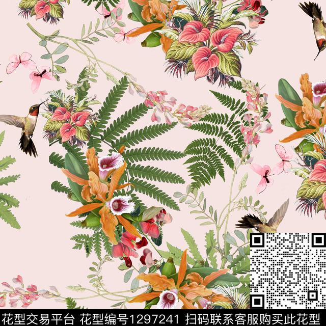 鸟复古花卉数码印花花型下载（图片编号: 1297241） - 瓦栏（Walan）
