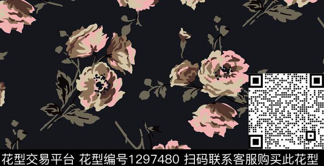 大花1.jpg - 1297480 - 黑底花卉 茶花 手绘大花 - 传统印花花型 － 沙发布花型设计 － 瓦栏