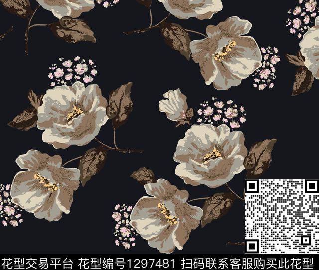 大花2.jpg - 1297481 - 花卉 茶花 手绘大花 - 传统印花花型 － 沙发布花型设计 － 瓦栏