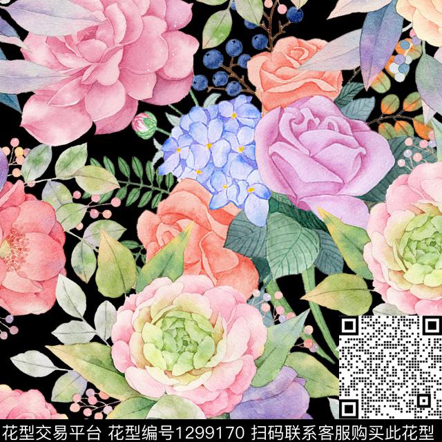 200228-1.jpg - 1299170 - 水彩花卉 满底花卉 组合花卉 - 数码印花花型 － 女装花型设计 － 瓦栏