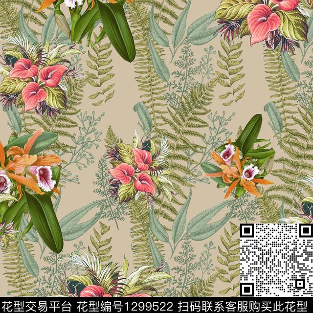 复古花卉米色底数码印花花型下载（图片编号: 1299522） - 瓦栏（Walan）