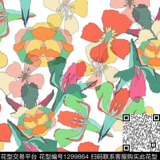 200235-1.jpg - 1299864 - 抽象花卉 泳装花型 色彩艳丽 - 传统印花花型 － 女装花型设计 － 瓦栏