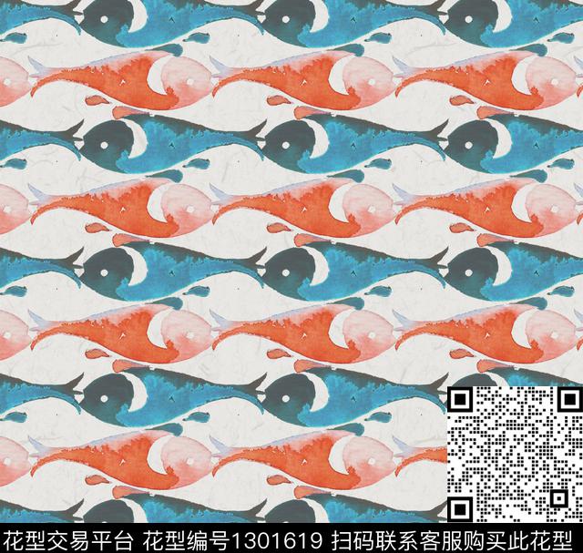 鱼于鱼-wl.jpg - 1301619 - 二方连续 水彩 鱼 - 数码印花花型 － 女装花型设计 － 瓦栏