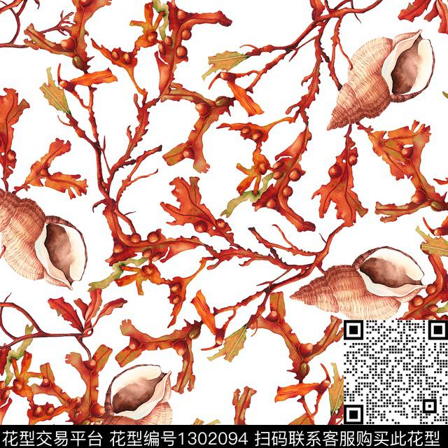 200233-2.jpg - 1302094 - 大牌风 热带花型 手绘海螺 - 数码印花花型 － 女装花型设计 － 瓦栏