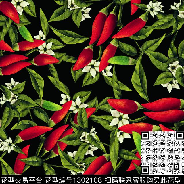 200241-1.jpg - 1302108 - 绿植树叶 手绘红辣椒 散点排列 - 数码印花花型 － 女装花型设计 － 瓦栏