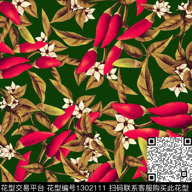 200241-3.jpg - 1302111 - 绿植树叶 手绘红辣椒 散点排列 - 数码印花花型 － 女装花型设计 － 瓦栏