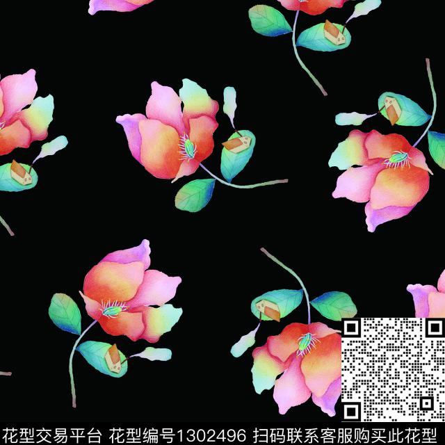 200248-1.jpg - 1302496 - 绿植树叶 清爽底花卉 花卉 - 数码印花花型 － 女装花型设计 － 瓦栏