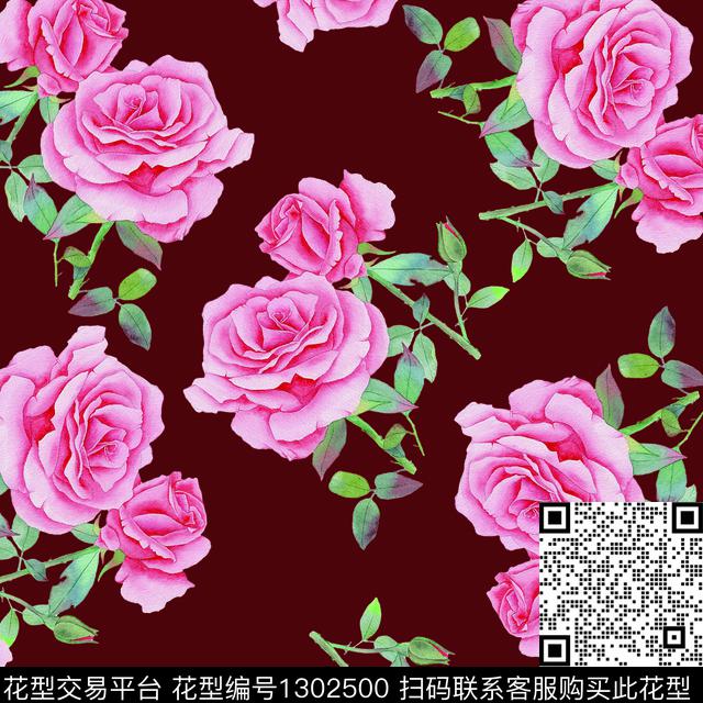 200249-1.jpg - 1302500 - 绿植树叶 春夏花型 手绘玫瑰花 - 数码印花花型 － 女装花型设计 － 瓦栏