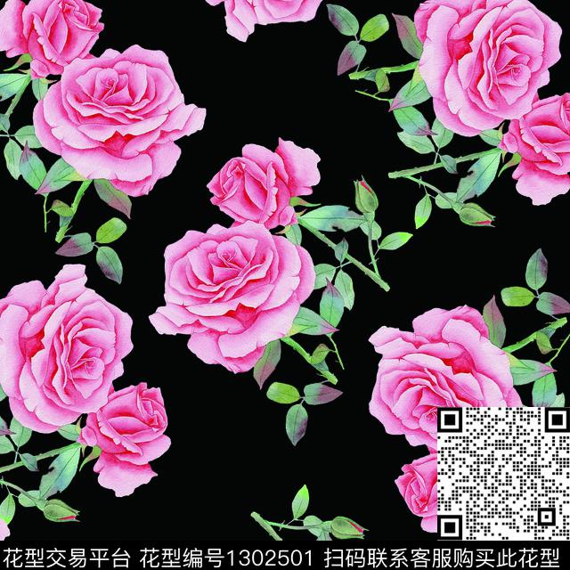 200249-2.jpg - 1302501 - 绿植树叶 春夏花型 手绘玫瑰花 - 数码印花花型 － 女装花型设计 － 瓦栏