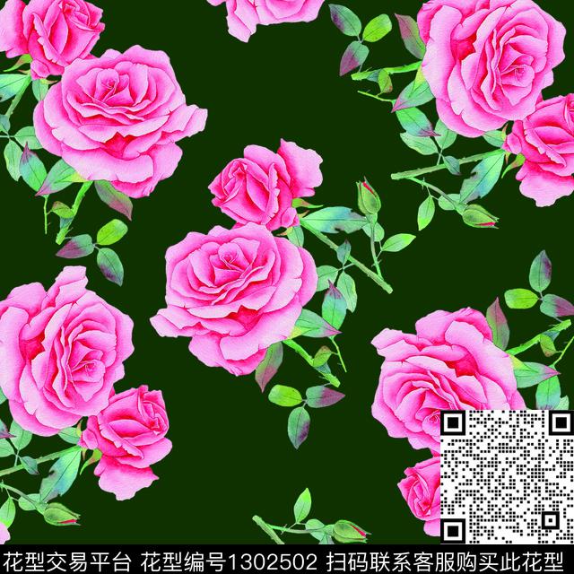 200249-3.jpg - 1302502 - 绿植树叶 春夏花型 手绘玫瑰花 - 数码印花花型 － 女装花型设计 － 瓦栏