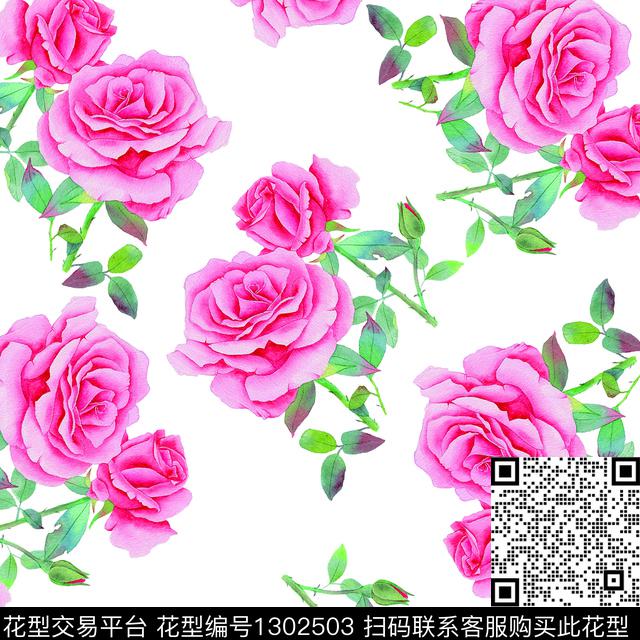 200249-4.jpg - 1302503 - 绿植树叶 春夏花型 手绘玫瑰花 - 数码印花花型 － 女装花型设计 － 瓦栏