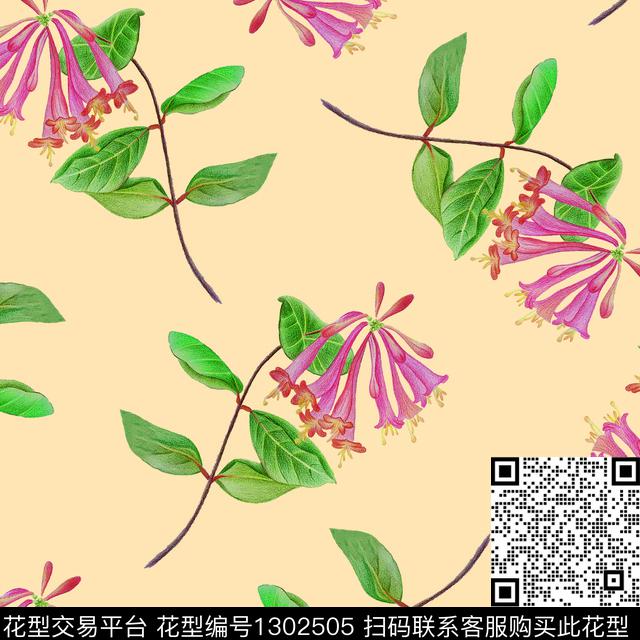 200250-1.jpg - 1302505 - 绿植树叶 花卉 手绘金银花 - 数码印花花型 － 女装花型设计 － 瓦栏