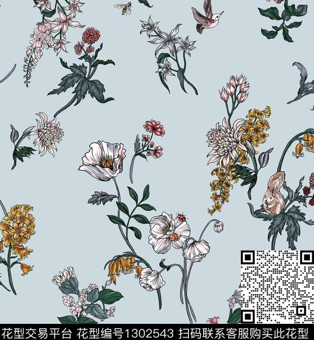 线描+水彩 花+动物.jpg - 1302543 - 松鼠 鸟/昆虫 水彩花卉 - 数码印花花型 － 女装花型设计 － 瓦栏