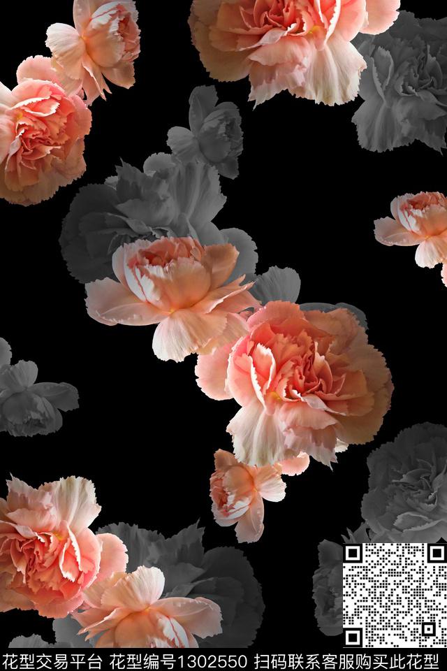 F0304H.jpg - 1302550 - 黑底花卉 趋势花型 清爽底花卉 - 数码印花花型 － 女装花型设计 － 瓦栏