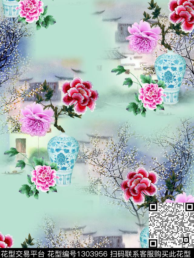 200308-1-1.jpg - 1303956 - 青花瓷 旗袍 牡丹 - 数码印花花型 － 女装花型设计 － 瓦栏