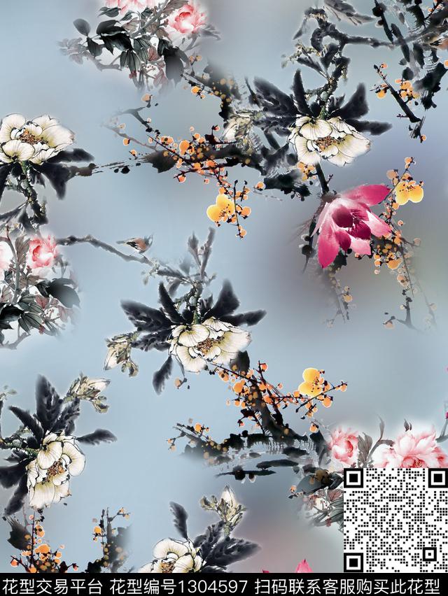 200312-1.jpg - 1304597 - 荷花 旗袍 国画 - 数码印花花型 － 女装花型设计 － 瓦栏