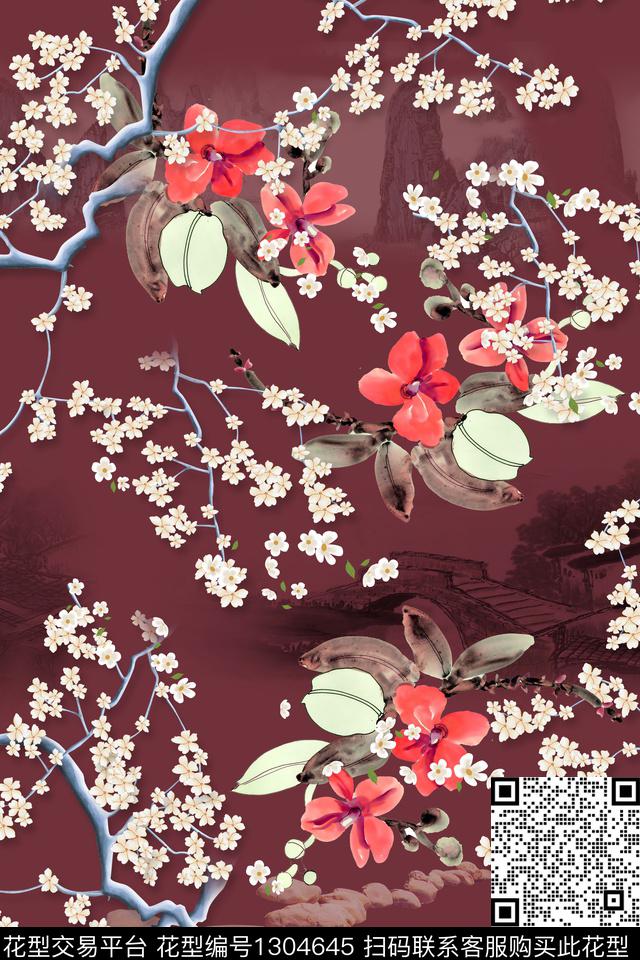 R0126.jpg - 1304645 - 花卉 旗袍 中老年 - 数码印花花型 － 女装花型设计 － 瓦栏