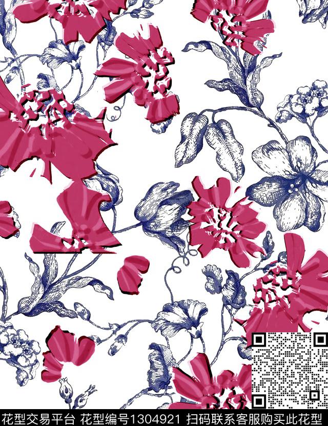 趋势花型花卉抽象传统印花花型下载（图片编号: 1304921） - 瓦栏（Walan）