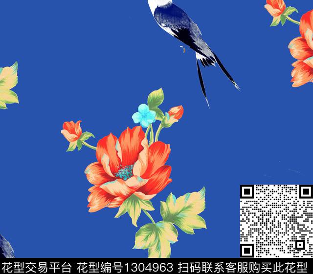 鸟花宝蓝.jpg - 1304963 - 颜色 数码花型 卡通动物 - 数码印花花型 － 女装花型设计 － 瓦栏