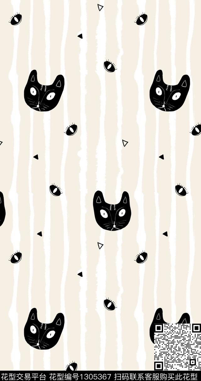 CAT.jpg - 1305367 - 春夏花型 猫 条纹 - 传统印花花型 － 童装花型设计 － 瓦栏